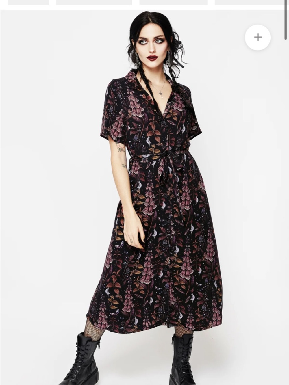 Disturbia Dark Plum Floral Button-Front Midi Dress